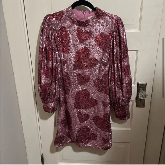 Farm Rio Hearts Sequin Long Puff Sleeve Mini Dress Sz M NWT - Picture 5 of 16